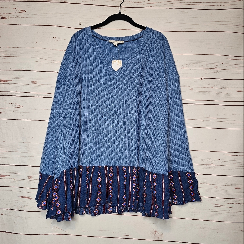 Suzanne Betro Blue V-Neck Sweater with Bell Flounce Sleeve